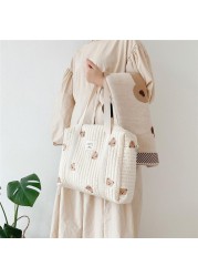 Cute Bear Flower Embroidery Pattern Baby Beige Cotton Fabric Zipper Diaper Handbag 2022 New Luggage Bag