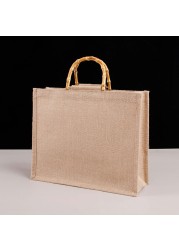 Portable Burlap Shopping Bag Jute Handbag Bamboo Ring Retro Carry Handles DIY Handbag Women Large Size Beach Bag for Girls