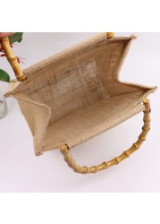 Portable Burlap Shopping Bag Jute Handbag Bamboo Ring Retro Carry Handles DIY Handbag Women Large Size Beach Bag for Girls