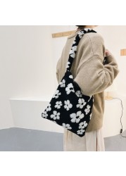 Stylish design plush flower pattern women tote bag handbags shoulder bag ladies large capacity simple fashion female bag