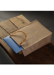 Unisex Portable Burlap Jute Shopping Bag With Bamboo Loop Handles Wome Men Durable Reusable Casual Tote Grocery Handbag 8 Size