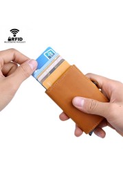 Genuine Leather Men Wallet Small Wallet With Rfid Lock Aluminum Card Holder Slim Male Wallet