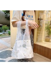 Women's Multifunctional Mesh Canvas Bag Large Capacity Tote Bag Floral Embroidery Shopping Bag Reusable Organizer