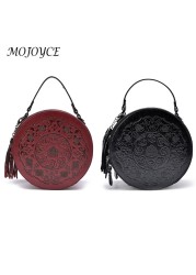 Round Shoulder Bags Vintage Flower Casual Leather Tassel Small Handbag Tote for Ladies Outdoor Shopping Travel