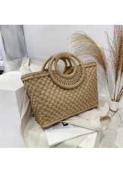 bohemian women summer beach woven straw handbag with round top handle travel vacation weave zipper large top basket bag