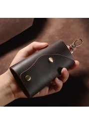 066F Cowhide Keychain Men Small Mini Key Holder Organizer Pouch Split Car Key Wallet Housekeeper Key Case for Adults