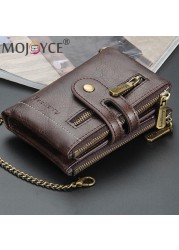 Retro Men Double Zipper Portable Mini Wallet Multi Slot Card Holder Small Wallet With Chain Fashion Solid Color PU Leather Burse