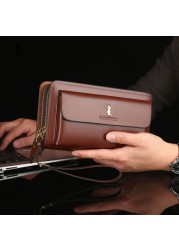 Double zipper men wallet retro luxury clutch bag leather wallet organizer large capacity passport cover male portfeuille homme