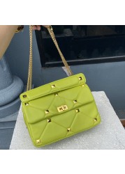 Genuine Leather Quilted Genuine Leather Pins Shoulder Purse Women Bags Chain Crossbody Bag, Rivet Bags 2021