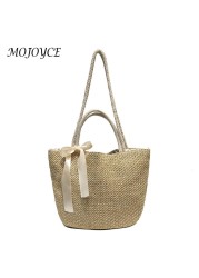 Women Woven Straw Drawstring Shoulder Bags Handmade Lady Summer Shoulder Bags Woven Handbags