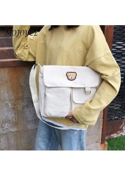 Preppy Style Women Canvas Multi-Pocket Shoulder Bag Female Luxury Small Bag Travel Shopping Bags