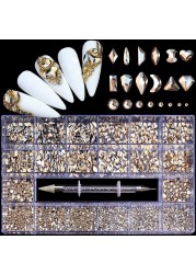 Luxury Box Shiny Diamond Nail Art Rhinestone Crystal Glass Set Decorations Set 1pcs Pick up Pen in Grids Box 21 Shapes of 2500pcs