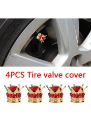 4pcs Car Wheel Air Valve Cover Tire Rhinestone Crown Pattern Brass Core Auto Truck Tire Rim Stem Dust Cover Air Universal Accessories