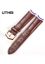UTHAI F09 Genuine Leather Watchband Curved Interface Bamboo Style Buckle Business 19mm 20mm 21mm 22mm 24mm Retro Watch Strap