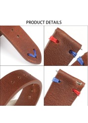 Handmade Retro Genuine Leather Watch Band 20mm 22mm Red Blue Line Calfskin Watch Strap Bracelet for Men Watch Accessories