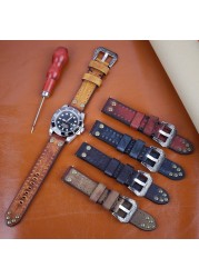 18mm 20mm 22mm 24mm Vintage Genuine Leather Watches Rivet Leather Watch Strap Replacement Carving Watchband Accessories