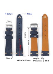 Vintage Suede Leather Watch Band 20mm 22mm Blue Brown Watch Strap Replacement Wristband Handmade Stitching Watchband