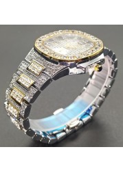 MISSFOX Watches for Men Luxury Hip Hop Iced Out Watches Automatic Date Gold Rhinestone Crystal Waterproof Quartz Male Wristwatch