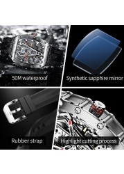 OUPINKE Luxury Watches Men Automatic Mechanical Silicone Sapphire Mirror Tonneau Skeleton Watch Waterproof Top Brand Sport