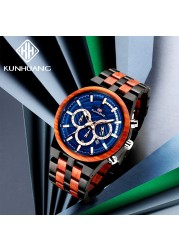 Kunhuang New Wooden Watch Men Luxury Chronograph Ebony Quartz Watch Blue Dial Metal Glass Mirror Wooden Box