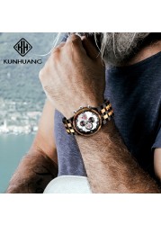 Reloj hombre KUNHUANG New Wooden Watch Men Luxury Brand Chronograph Military Quartz Watches for Man Dropshipping Customized