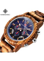 kunhuang wooden watch men erkek kol saati luxury stylish wood watches chronograph military quartz watches in wooden gift box