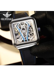 OUPINKE Automatic Watch Men Skeleton Mechanical Watch Steampunk Sapphire Crystal Square Leather Transparent Sports Wristwatches