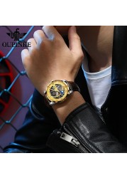 OUPINKE New Men's Automatic Mechanical Watch Skeleton Design 50M Waterproof Sapphire Mirror Leather Strap Male Watches