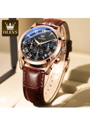 OLEVS Waterproof Corium Strap Men's Wristwatches Quartz Multifunction Three-eye Six Hand Fashion Luminous Men's Watches