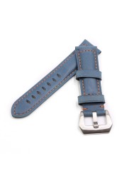 Rolamy - Watch strap 22 24mm, polished silver buckle watch strap, blue, genuine leather, handmade, thick, antique