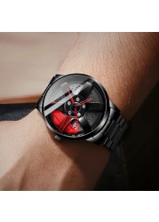 3D Spinning Unique Model Rim Watch Hub Custom Design Sports Car Frame Watch Waterproof Creative Men's Watch Wheel Wristwatch Clock