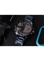 Sports Blue Big Dial Men's Watch Double Machine 7395 Cool Blue Steel Belt Quartz Watches Male Clock Locomotive Relogio Masculino