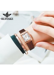 OUPINKE Retro Luxury Casual Women Wristwatches Genuine Leather Strap Waterproof Quartz Watches for Women Calendar