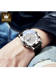 OLEVS Luxury Watch Men's Multifunctional Quartz Watch Business Style Leather Strap Waterproof Mens Calendar Chronograph Watch