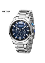 MEGIR 2020- Luxury Watches for Men, Men's Watch, Stainless Steel, Luminous, Water Resistant, Sport Chronograph, Quartz, Blue