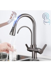 Gold Touch Filter Kitchen Mixer Tap Dual Handle Hot Cold Brass Kitchen Sink Faucets Smar Sensor Touch Pull Out Kitchen Faucets