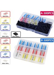 300pcs Electric Heat Shrink Butt Terminals Crimp Terminals Seal Welding Kit Waterproof Wire Twisting Cabling Connector With 300W Hot Air Gun