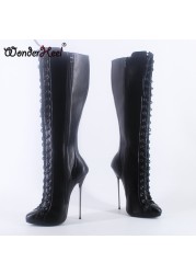 Wonderham 2021 new 16cm ultra-thin heel extreme high heels matte leather sexy wonder girls nightclub lace up knee high boots