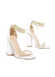 Fashion Ins Style Ladies Solid Strap Lace Up Sexy Casual Women's Shoes Block Metal Chain Heel Sandals