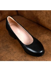 Med Square High Heels Women 2022 New Real Cow Leather Spring Round Toe Girl Black Work Pumps Shoes For Woman A0005
