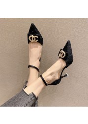 2022 Autumn Spring Women's Pumps New Pointed High Heels Thin Heel Sandals Woman Head Hollow Button Single Shoes