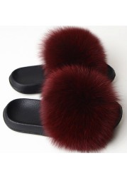 Real Fox Fur Slippers Women Summer Indoor Fluffy Flat Raccoon Fur Slides Outdoor Fashion Casual Beach Shoes Plus Size Shoes