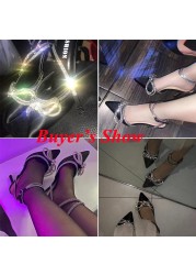 Lucifer Shiny Crystal Bowknot Ankle Strap Pumps Women Sexy Stiletto High Heels Party Wedding Shoes Woman Pointed Toe Sandals