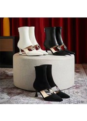 2022 Women Sandals Fashion French Shoes Sexy High Heels Black Suede Pointed Toe Summer Fashion Shoes Zipper Back Stiletto Heel Hollow Shoes