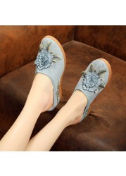 Rimocy embroidery wedge slippers women summer round toe flower platform sandals ladies 2022 outdoor thick bottom beach slippers