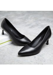 Plus Size Genuine Leather Basic Pumps Women Office Dress Work Shoes Black 2022 Spring Autumn Square High Heels Ladies A0003