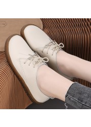 Loafers Ladies Genuine Leather Spring New Lace-up White Shoes Women Fashion Casual Soft Sole Flat Shoes Women Ballet Flats