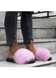 Women Fox Shoes Fur Slippers Real Fox Fur Slides Home Furry Flat Sandals Female Cute Wholesale House Shoes Woman Luxury Brand Ho