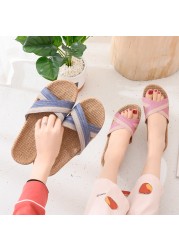 Women Linen Home Slippers Summer Casual Slides Beach Shoes Ladies Indoor Linen Slippers Bohemia Striped Flip Flops Sandals