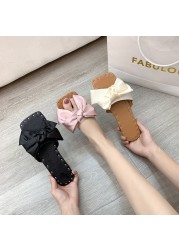 Size 43 Women Summer Sandals Satin Bow Flat Shoes Pearl Beach Sandals Suede Imitation Solid Color Sandals Outdoor Sandals